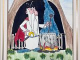 tableau représentant un homme et une femme en train de cuisiner devant un arbre