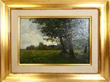 an oil painting of a tree in a field with a sky background