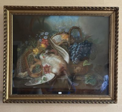 tableau encadré représentant une nature morte composée de fruits et de légumes posés sur une table