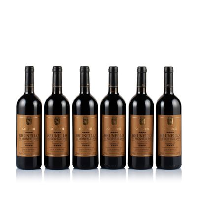 six bottles of red wine lined up on a white surface