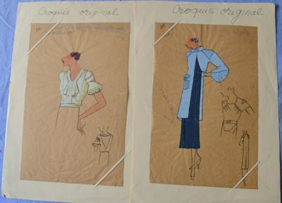 two drawings of a woman in a blue dress and a man in a white shirt