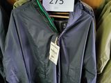 three jackets hanging on a hanger in a store with a price tag