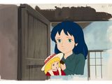 animation production cel of a woman holding a doll and looking out of a window