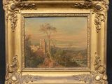 une peinture à l'huile d'un paysage avec un château au loin