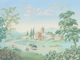tableau représentant une scène de village avec un homme à cheval et une femme promenant son chien