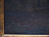 an image of a painting of a man in a suit and tie sitting in front of a blackboard