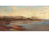 a painting of a view of a beach with a sailboat in the water