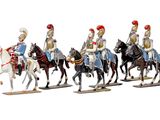 five figurines of men riding horses on a white background