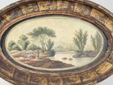 painting of a river scene in a wooden frame on a white background