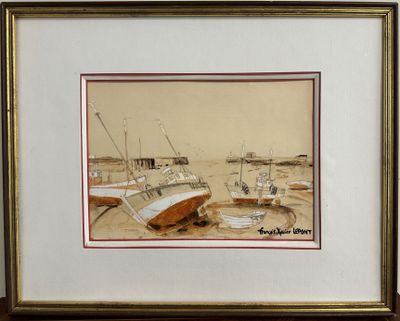 une image d'un tableau représentant un bateau sur la plage