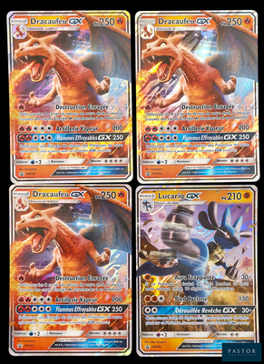 Quatre cartes Pokémon différentes sont représentées sur un fond noir