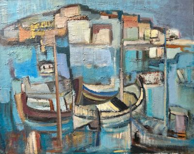 a painting of boats docked in a harbor with buildings in the background