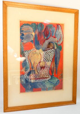 painting of a woman sitting on a chair with a vase in the background
