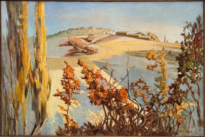 une peinture représentant une peinture d'un paysage avec des arbres et des buissons