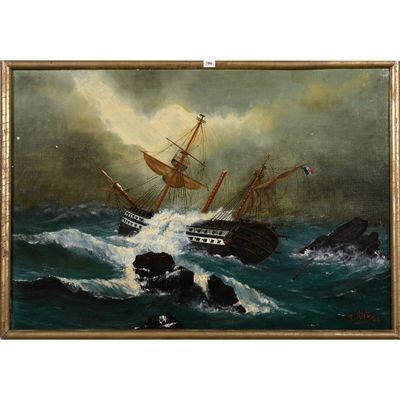 une peinture à l'huile représentant un bateau sur une mer agitée, avec des rochers au premier plan
