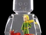 a toy figurine of a man and a fox inside of a glass container