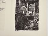 a drawing of an old man sitting at a desk