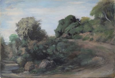 tableau représentant un chemin de terre bordé d'arbres et de buissons de chaque côté