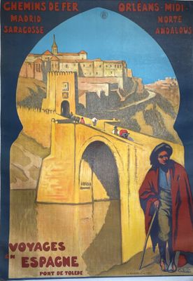 une vieille affiche représentant un homme traversant un pont, avec un château en arrière-plan