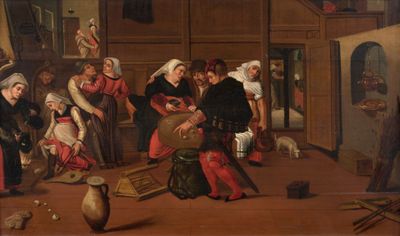 une image d'un tableau représentant un groupe de personnes dans une pièce