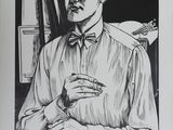 un dessin en noir et blanc représentant un homme tenant un sandwich