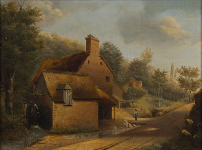 painting of a country road with a thatched house and sheep grazing on the side of the road