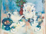 une peinture représentant une peinture d'une théière et d'autres objets posés sur une table