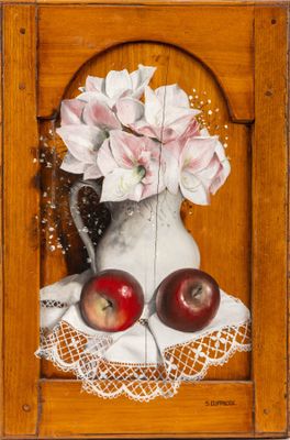 a painting of a vase of flowers and apples on a table
