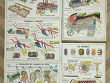 trois affiches représentant différents types de matériel agricole, disposées sur une table