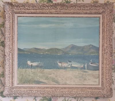 a picture of a painting of boats on the water