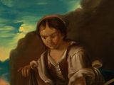 painting of a young girl sitting on a rock with a basket in her hand