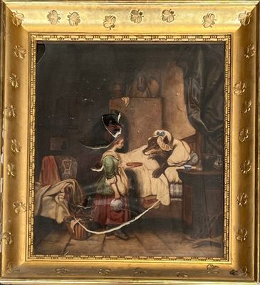 un vieux tableau représentant une femme assise sur une chaise avec un chien