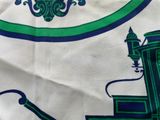 a close up of a table cloth with a train on it