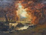tableau représentant des vaches près d'un ruisseau dans une zone boisée