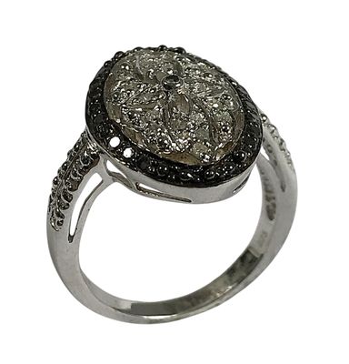 bague en argent sterling sertie de diamants noirs et blancs et d'une grosse pierre grise
