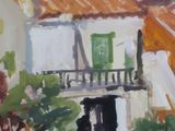 a painting of a white house with a red roof and green shutters