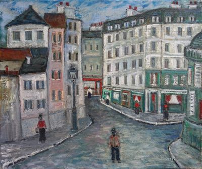 tableau représentant un homme marchant dans une rue, avec des bâtiments en arrière-plan