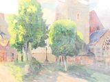 a watercolor painting of a church and trees on the side of the road