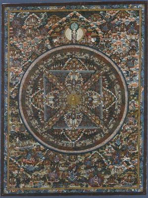 a painting of a circular medallion with birds and flowers on it