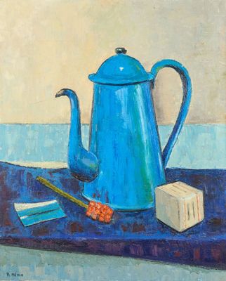 tableau représentant une théière bleue et un morceau de savon posés sur une nappe bleue
