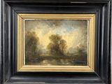 a painting of a landscape with trees and a river in the foreground