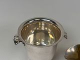 a silver cup with a spoon next to it