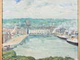 une peinture à l'huile représentant une vue d'un port avec des bateaux et des bâtiments