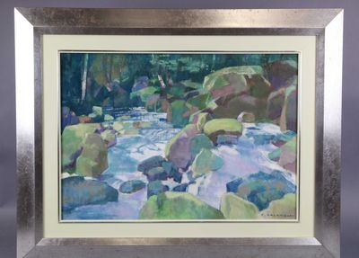 tableau représentant un ruisseau avec des rochers et des arbres en arrière-plan