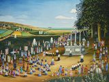 an oil painting of a large crowd of people gathered around a monument