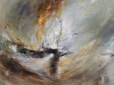 an oil painting of a boat in a body of water with smoke coming out of it