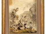 an image of a painting of a group of animals in a rocky landscape
