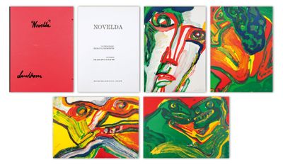 six paintings of different colors and sizes are displayed on a white surface
