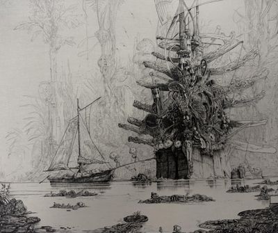 un dessin représentant un bateau dans l'eau près d'un arbre