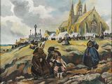 a painting of a group of people standing in front of a church